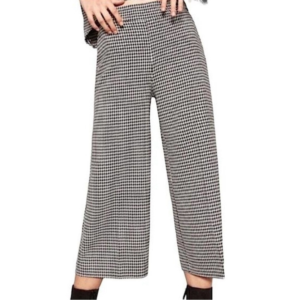 Zara Women S Wide Leg Cropped High waisted Houndstooth Print Black White Pants